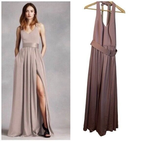 Vera Wang White Quartz V Neck Halter Gown with Sash VW360214 Size 16 - Picture 15 of 16